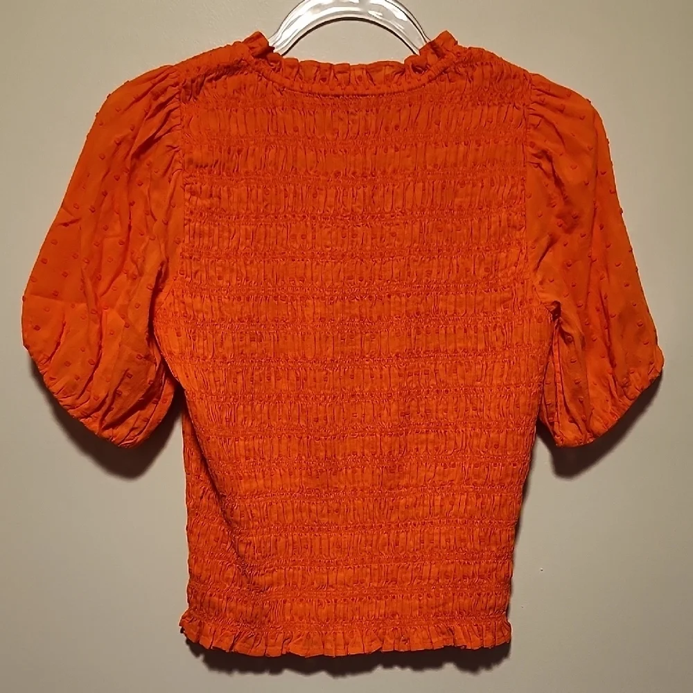 J. Crew Stretchy Bright Orange Smocked Blouse Puff Sleeves Ruffle Crew Collar - Picture 6 of 7